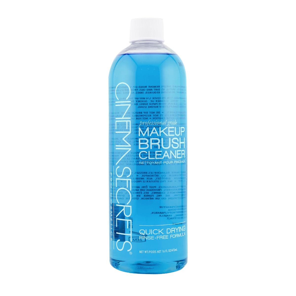 Cinema Secrets Original Blue Vanilla bottle front shows quick-clean formula for brushes