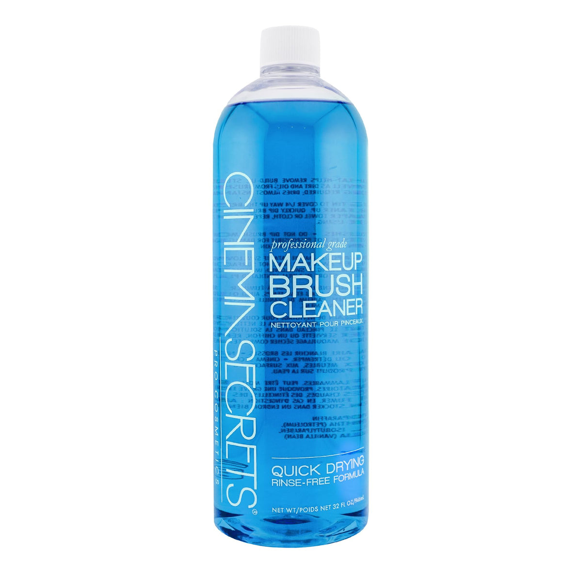 Cinema Secrets Original Blue Vanilla brush cleaner bottle being poured for quick cleaning.