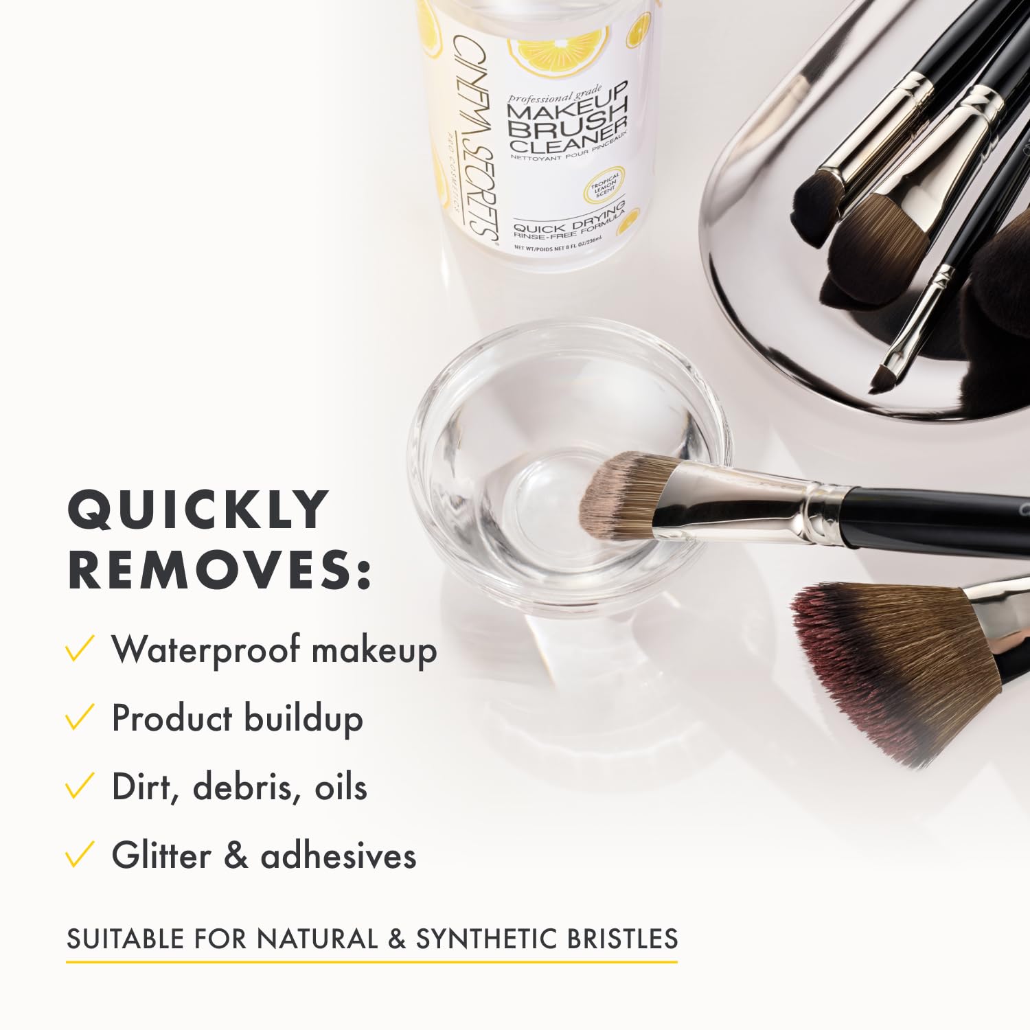 Cinema Secrets pour-dip-wipe method for fast brush cleaning.