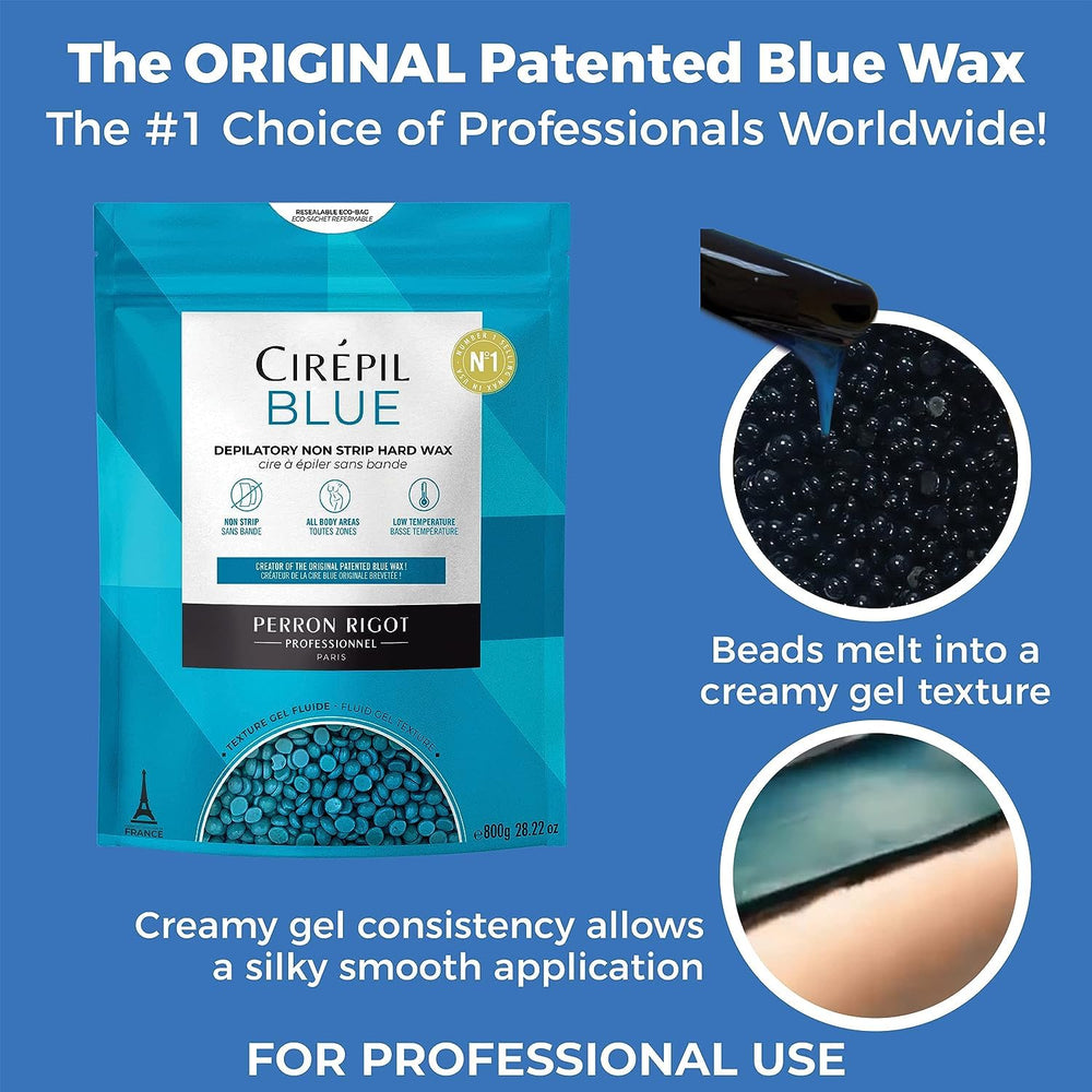 Cirepil Blue wax beads face-use image showing gentle facial waxing.