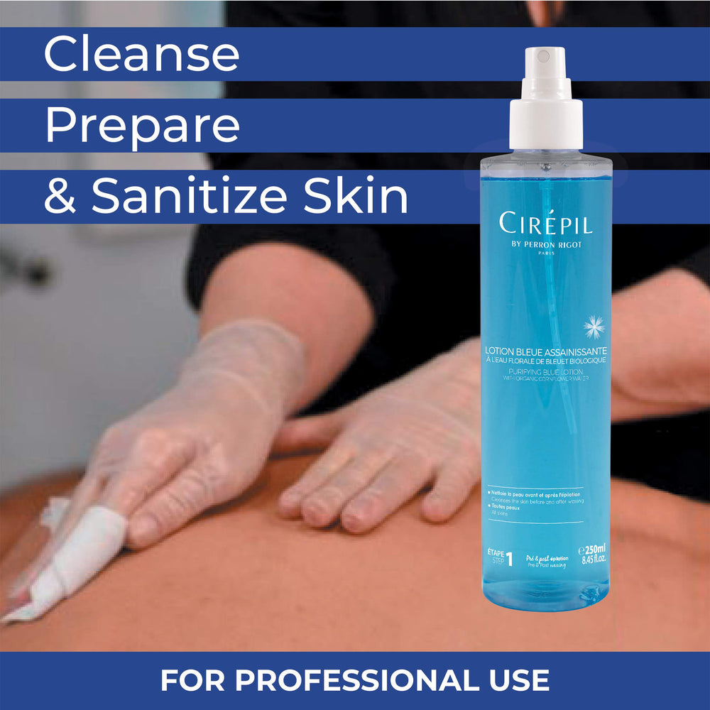 Cirepil Blue Lotion pre-post use shows clean hygienic waxing with low-alcohol formula