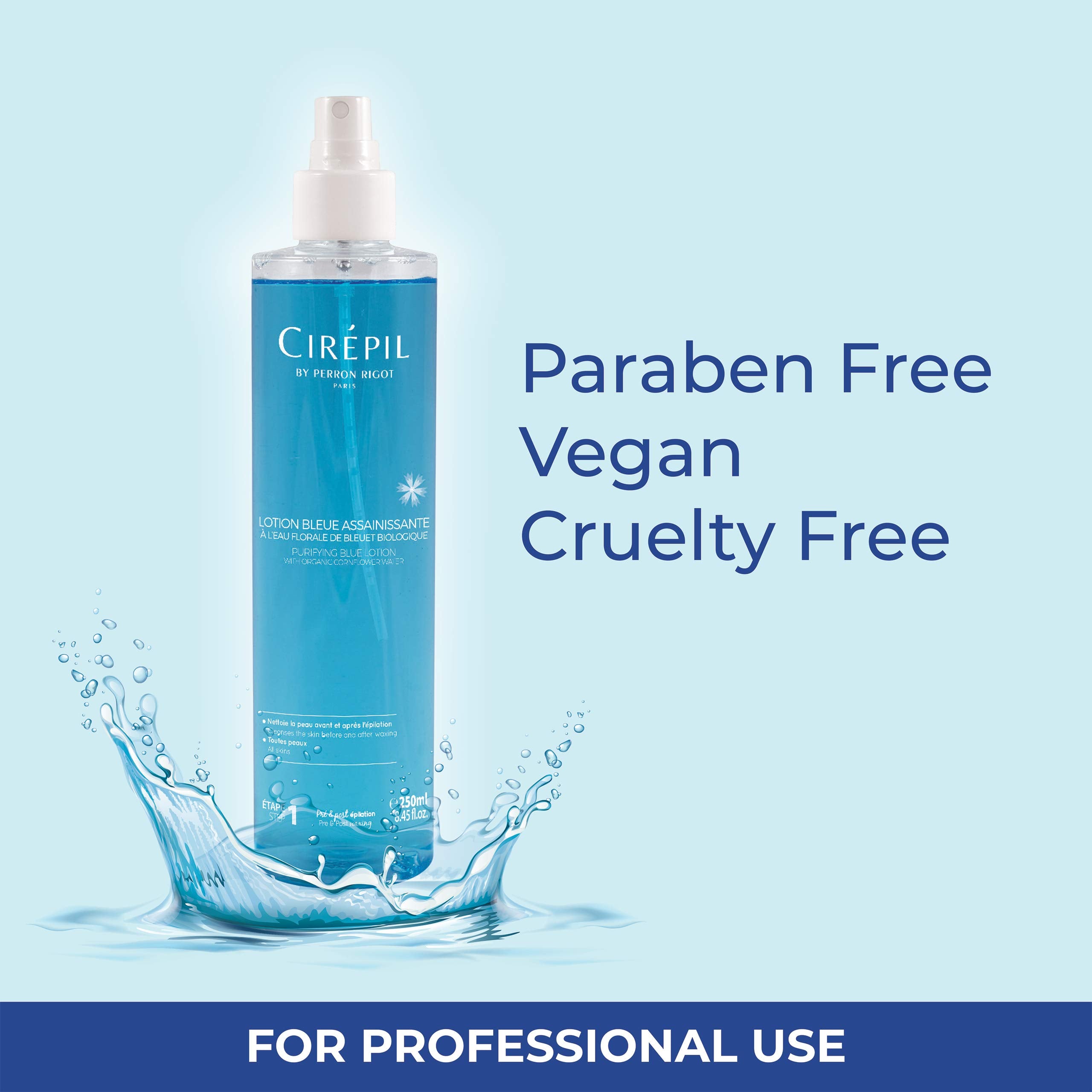 Cirepil Blue Lotion packaging features Ecocert cornflower water for hydrating and soothing skin