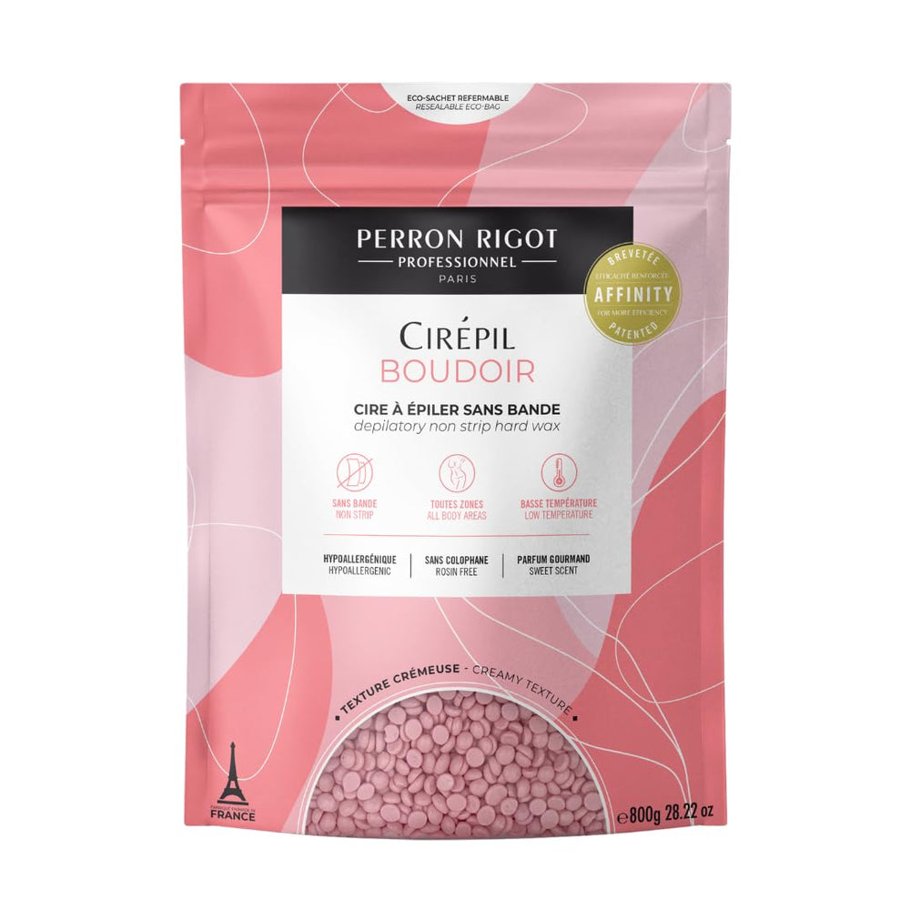 Cirepil Boudoir beads pack-shot highlights rosin-free wax for sensitive skin.