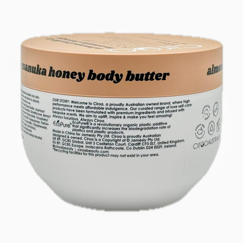 ciroa almond milk manuka honey body butter on bathroom shelf.