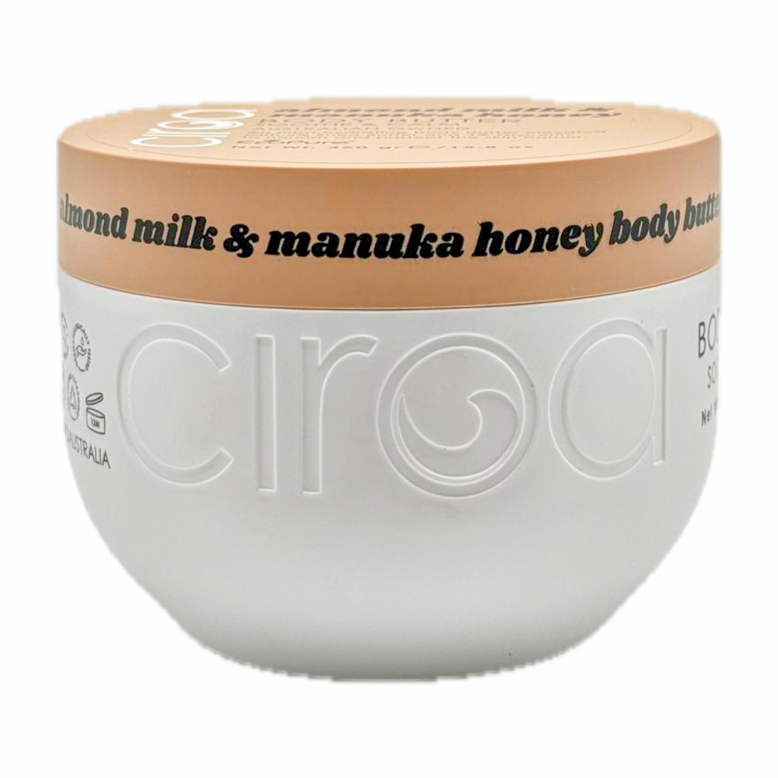 ciroa almond milk manuka honey body butter in hand, soothing hydration.