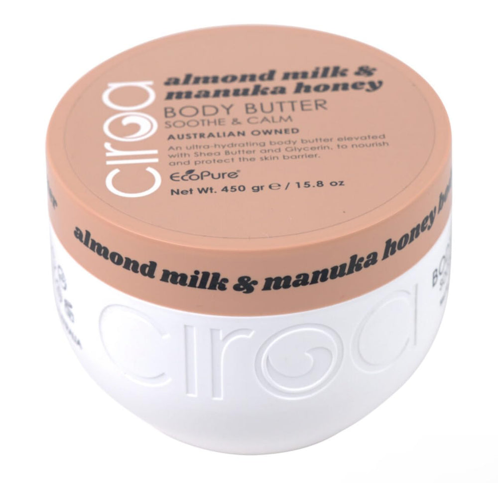 ciroa almond milk manuka honey body butter jar close-up, ultra-hydration visible.