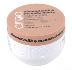 ciroa almond milk manuka honey body butter jar close-up, ultra-hydration visible.