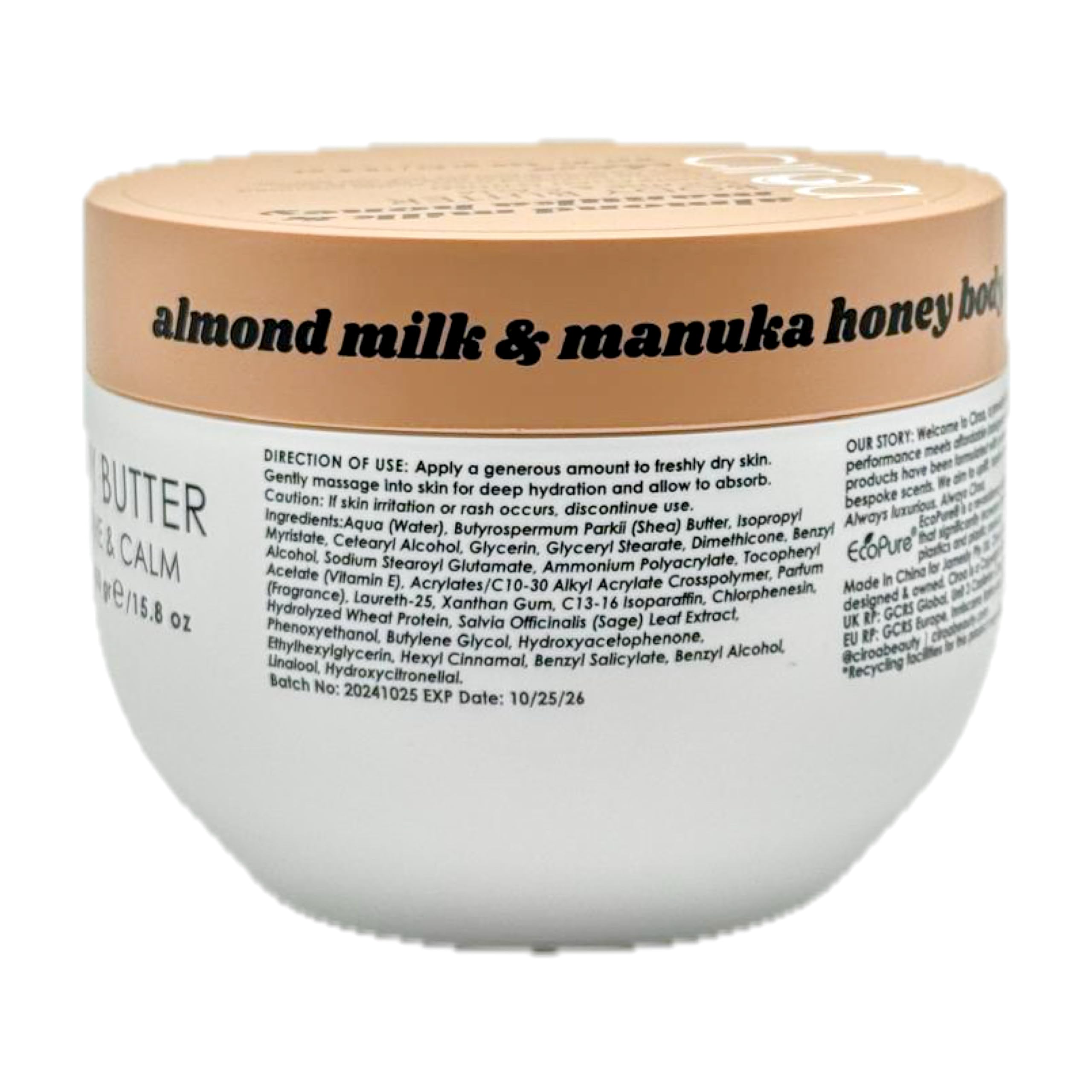 ciroa almond milk manuka honey body butter jar opened to reveal cream.