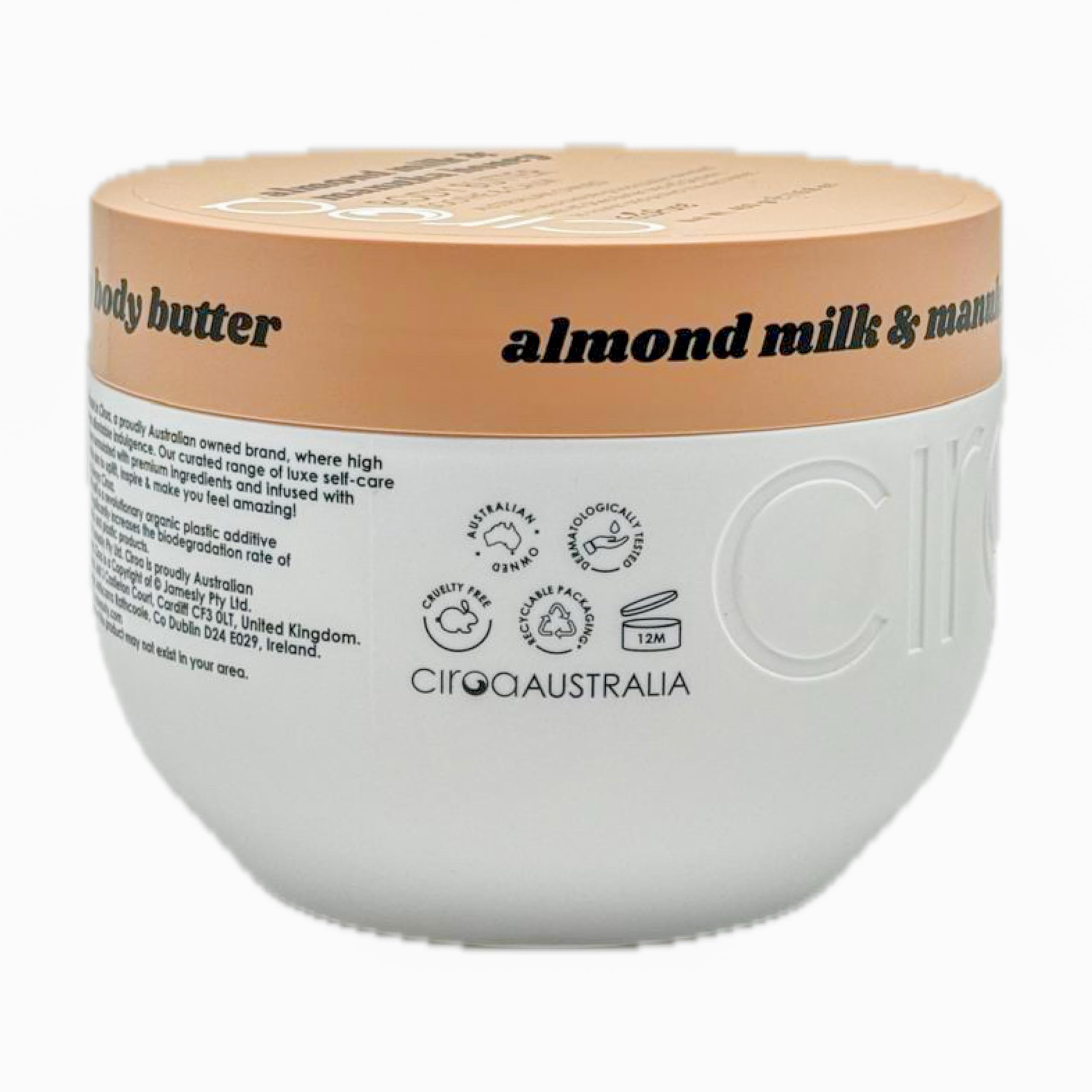 ciroa almond milk manuka honey body butter packaging, premium hydration ready.
