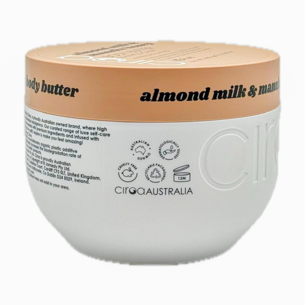 ciroa almond milk manuka honey body butter packaging, premium hydration ready.