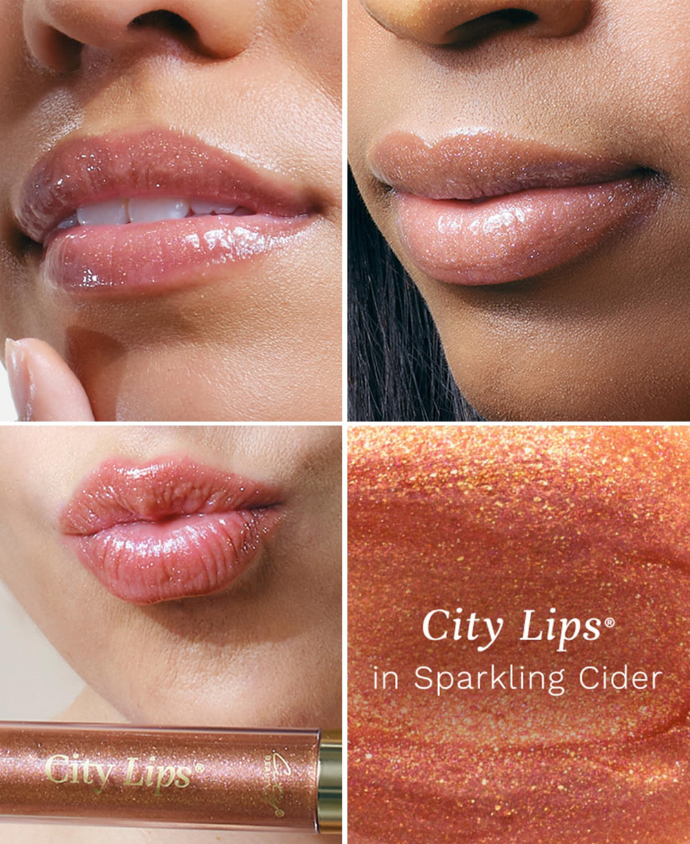 City Beauty City Lips Sparkling Cider wand applying glossy rose-gold shimmer.