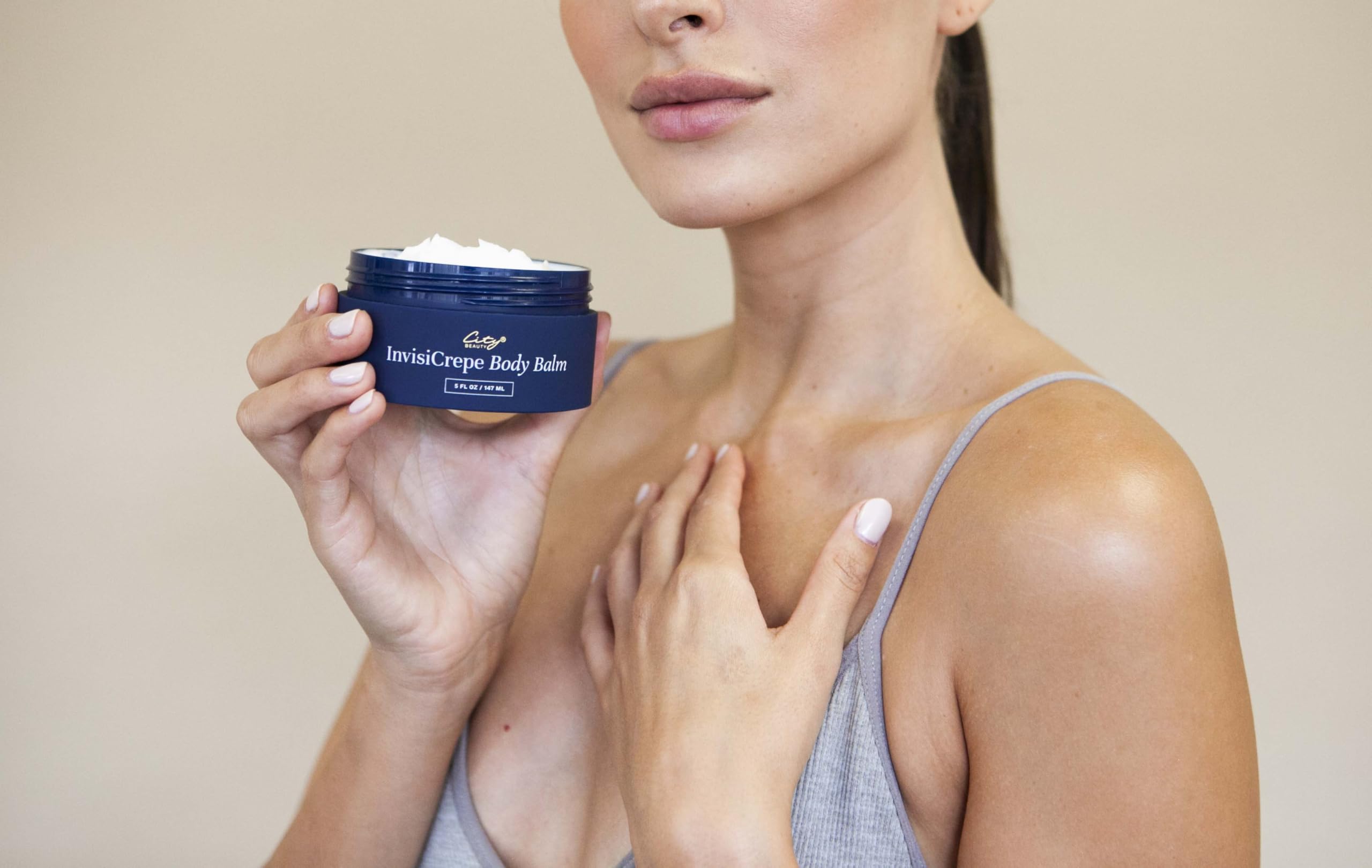 City Beauty InvisiCrepe Body Balm application steps show easy massage for arms and legs.