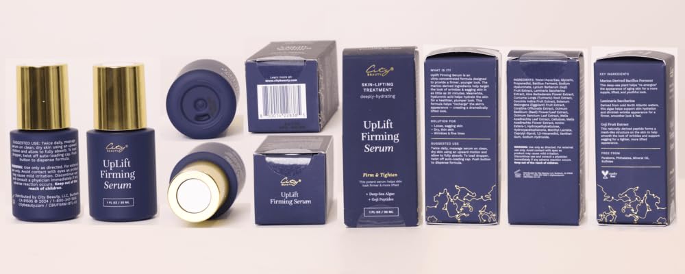 City Beauty UpLift Serum cruelty-free badge with product photo reinforces ethical anti-aging choice.