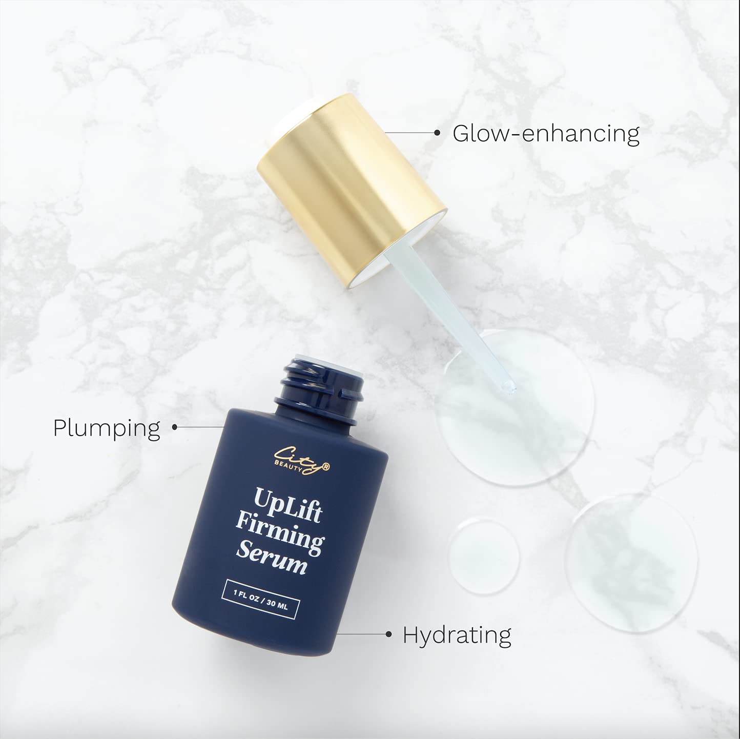 City Beauty UpLift Serum swirl on skin illustrates smoothing of wrinkles and texture.
