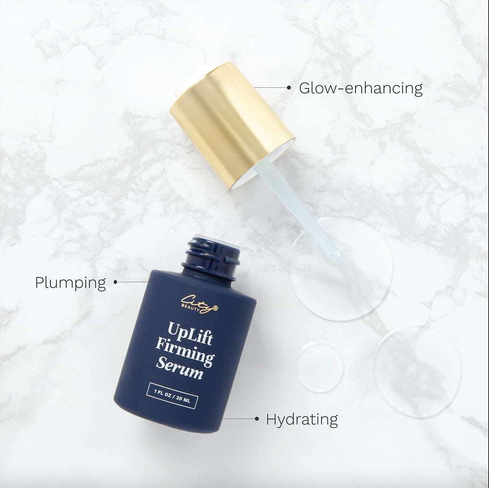 City Beauty UpLift Serum swirl on skin illustrates smoothing of wrinkles and texture.