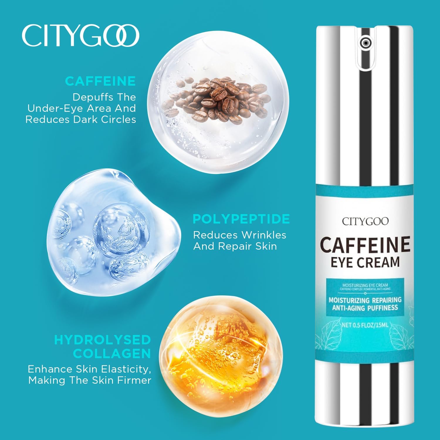 CITYGOO caffeine eye cream packaging and jar suggesting anti-aging benefits