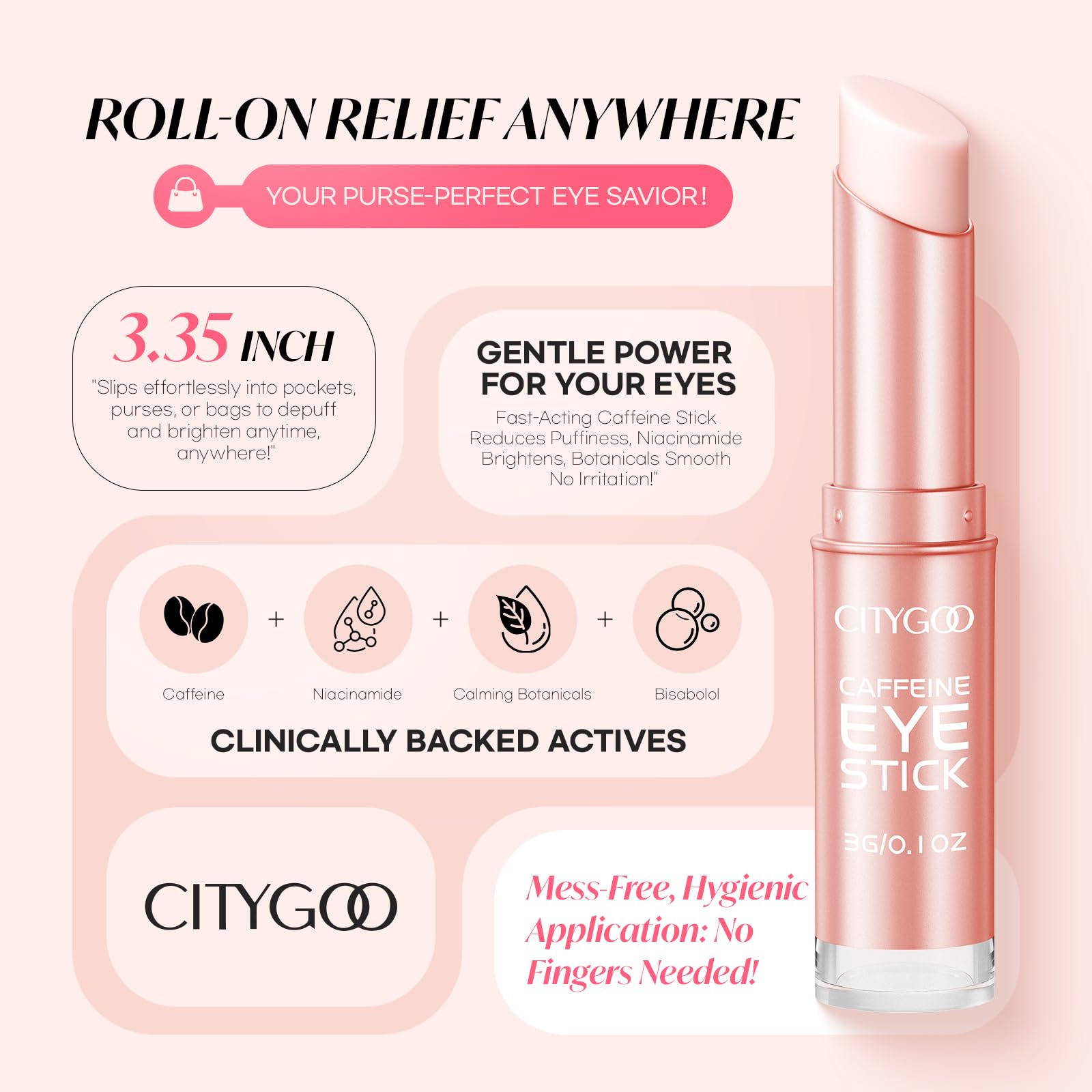 CITYGOO Caffeine Eye Cream Stick travel-size design fits gym bag or purse.