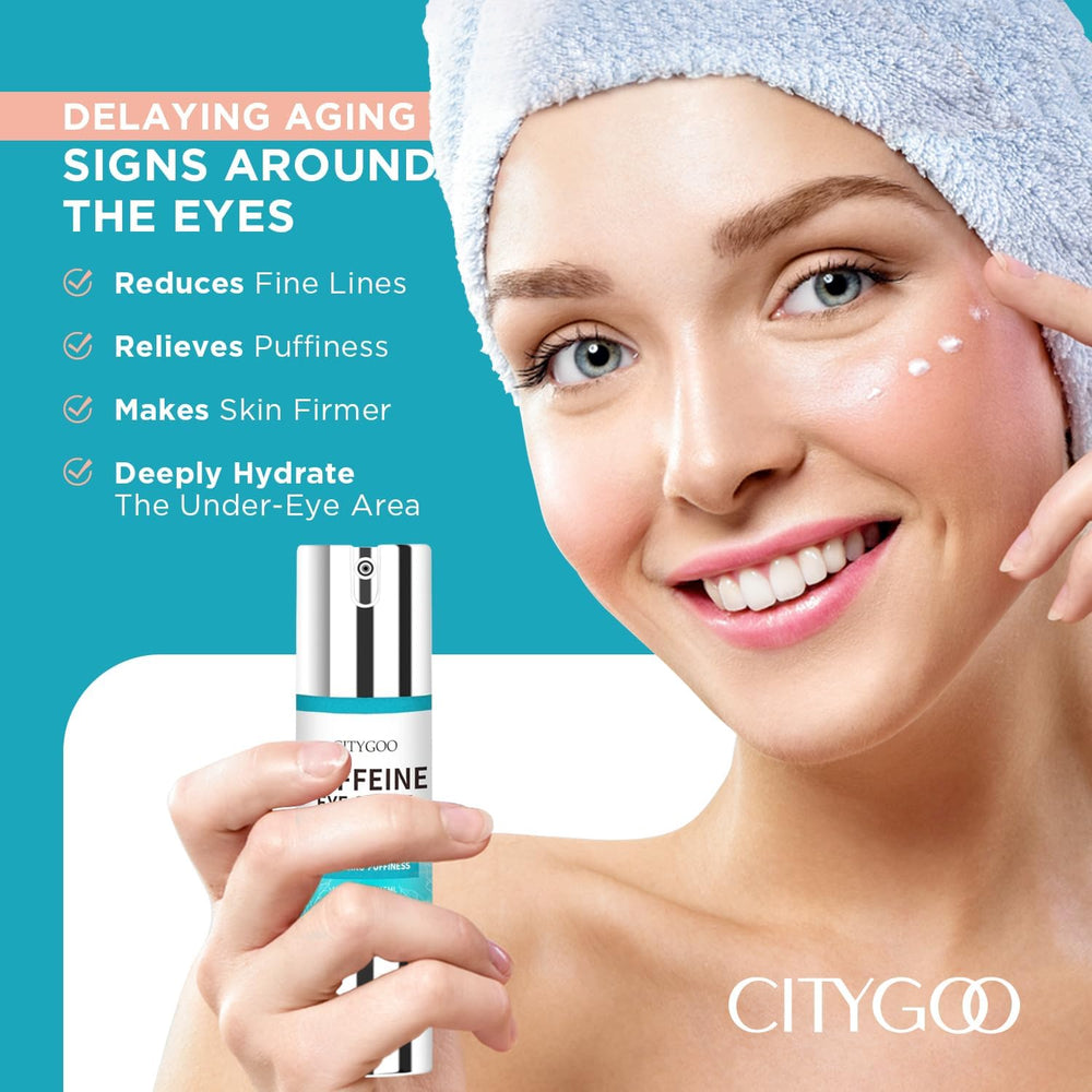 CITYGOO caffeine eye cream texture on finger highlights hydrating formula for delicate eye skin