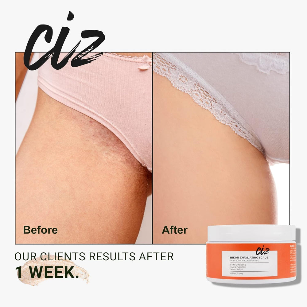CIZ Bikini Exfoliator scrub-application shows gentle grains for effective exfoliation.