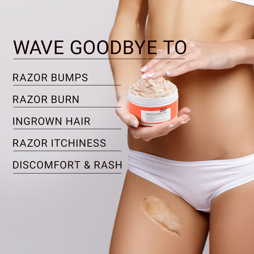 CIZ Bikini Exfoliator closeup texture emphasizes gentle, non-irritating scrub.