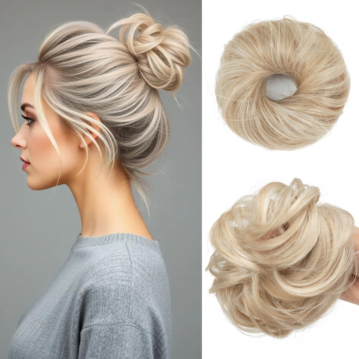 CJL HAIR 2PCs small bun Cream Blonde close-up shows lightweight volume boost for thin hair.