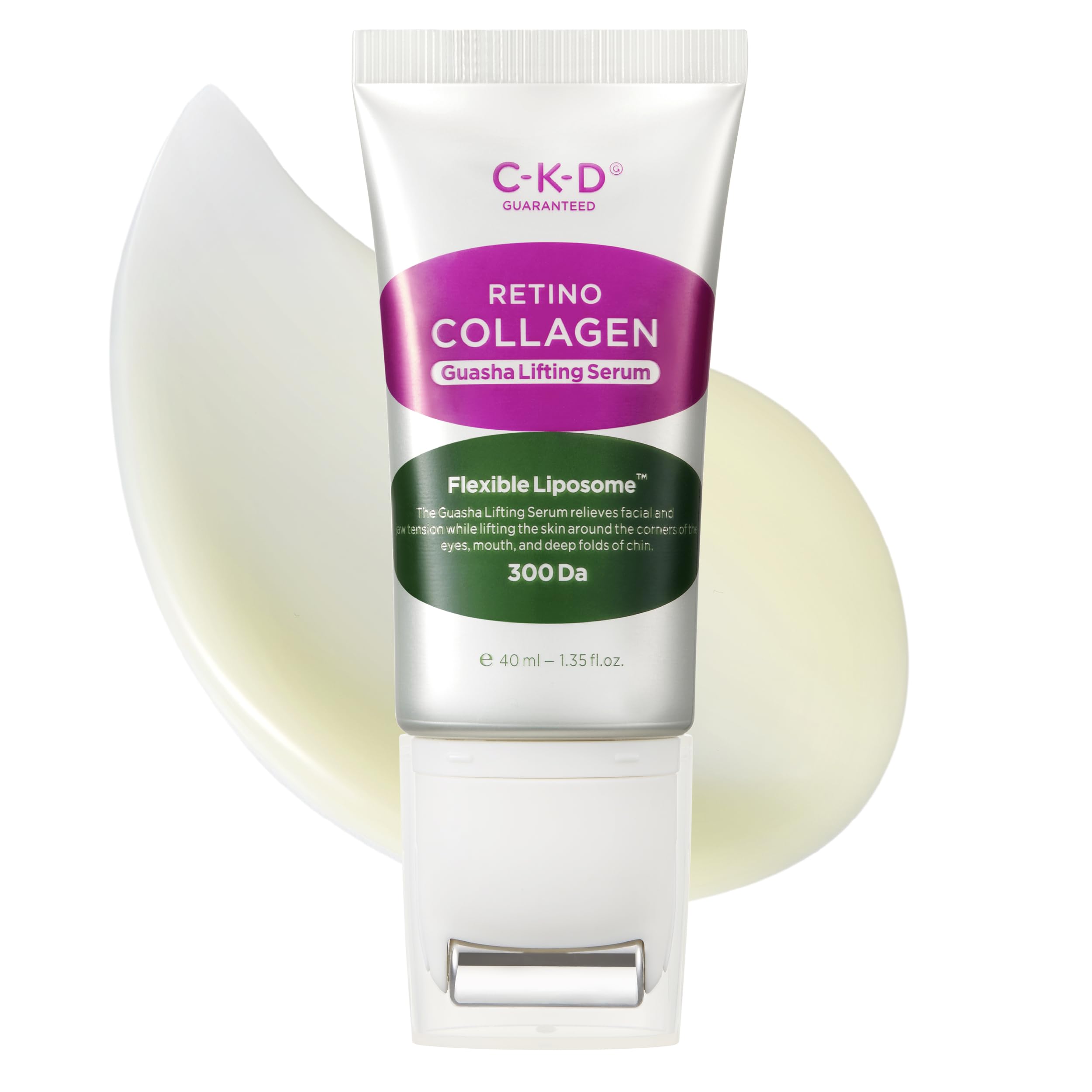 CKD Guaranteed Gua Sha Serum bottle close-up highlighting collagen and retinol benefits.