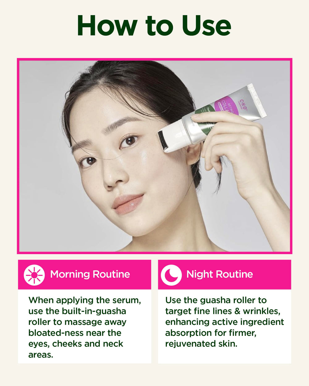 CKD Guaranteed Gua Sha Serum on vanity during daily firming routine.