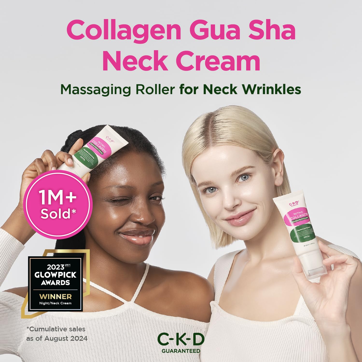 CKD neck cream application close-up showing massage for lifting.