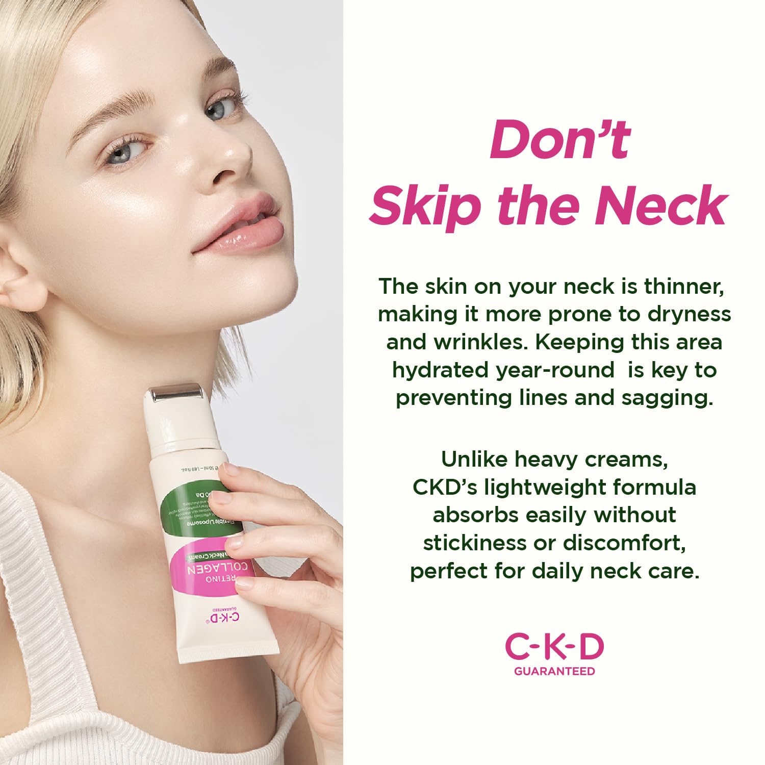 CKD night routine neck care setup with cream and roller for evening care.