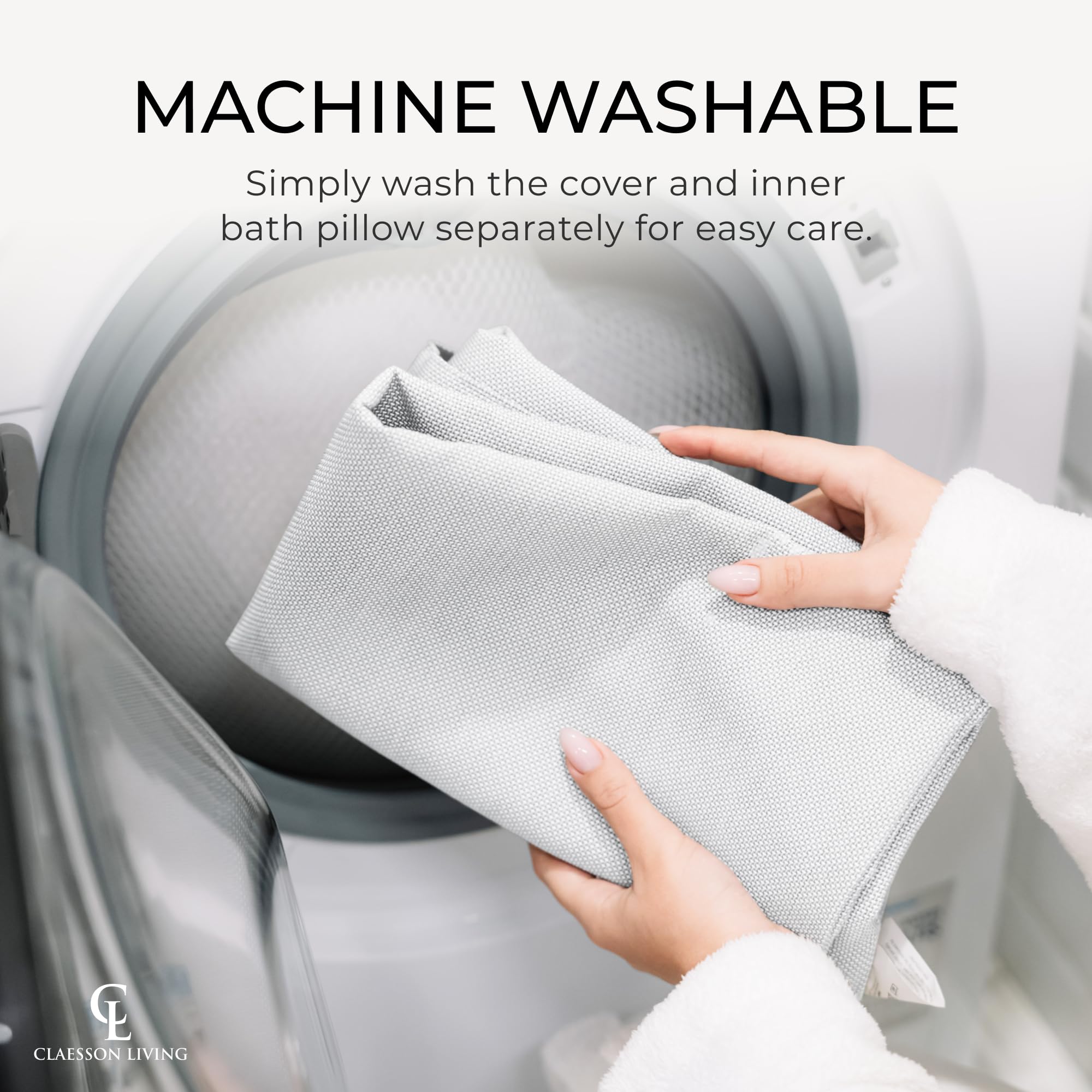 Claessonliving bath pillow 24x20x8-inch dimension shown with ruler.