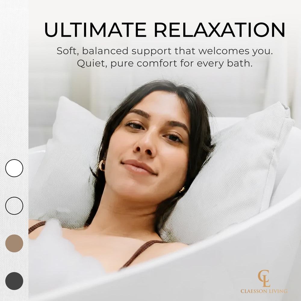 Claessonliving bath pillow quick-dry fabric detail emphasizes hygiene.