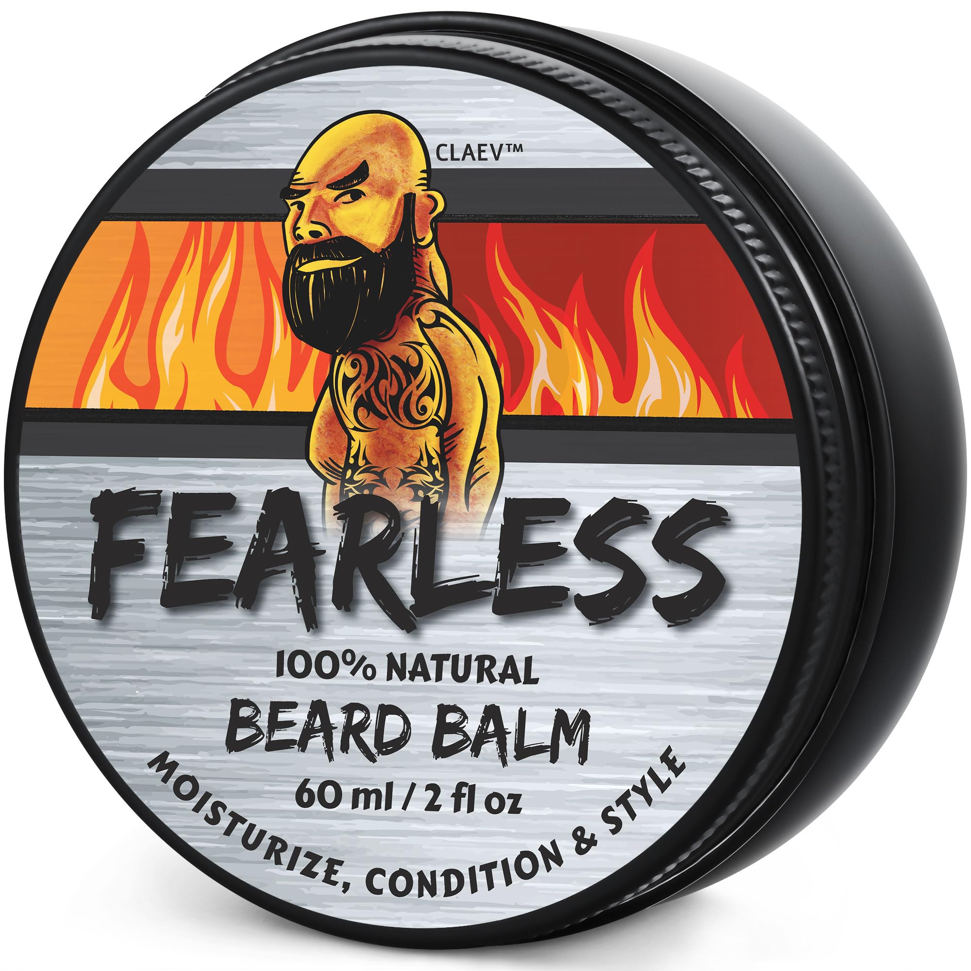 Claev beard balm 2oz tin closeup shows natural conditioning for smoother beard.