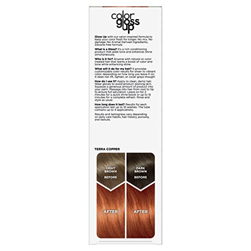Clairol Color Gloss Up Terra Copper swatch shows vibrant tone without damage.