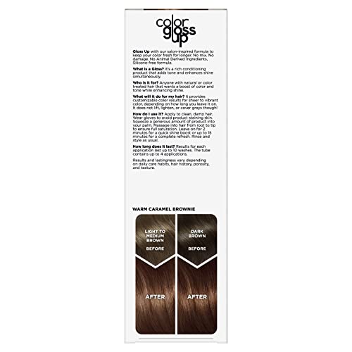 Swatches showing warm caramel brownie shade match for Clairol Color Gloss Up