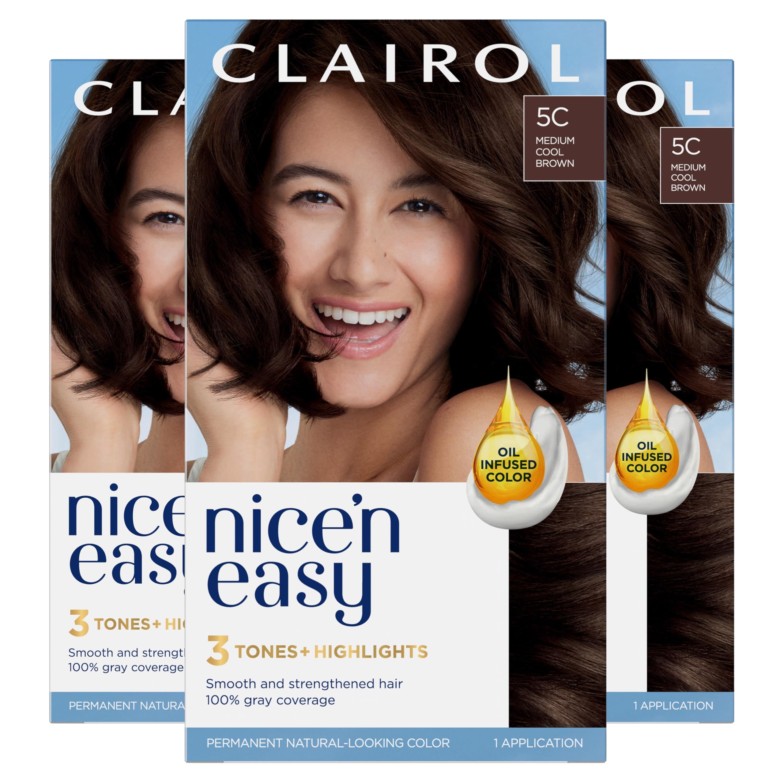 Clairol Nice'n Easy 5C color bottle for uniform shade application.