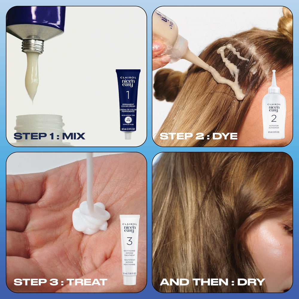 Clairol Nice'n Easy color mix steps guide for simple at-home coloring.