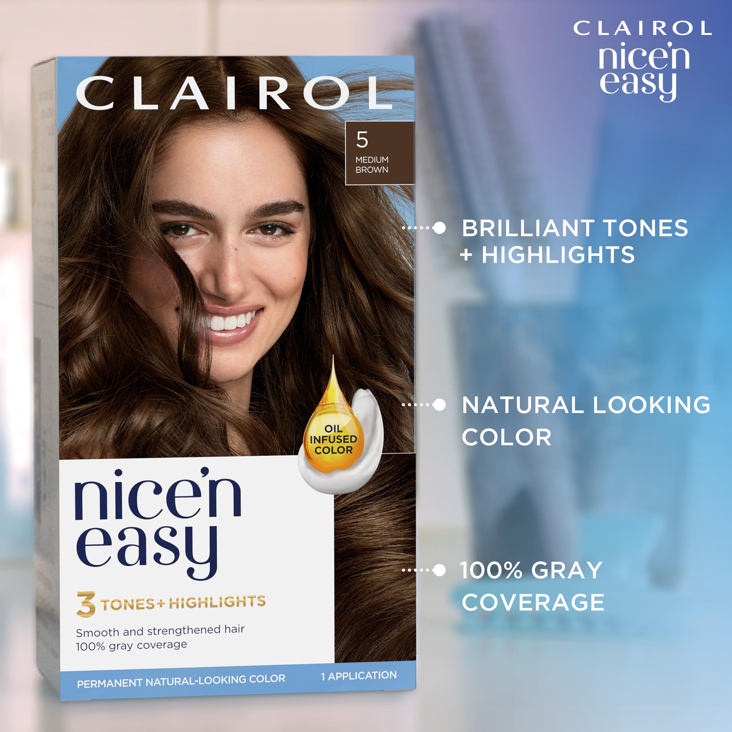 Clairol Nice'n Easy Triple Shine Hydrience boosts hair gloss.