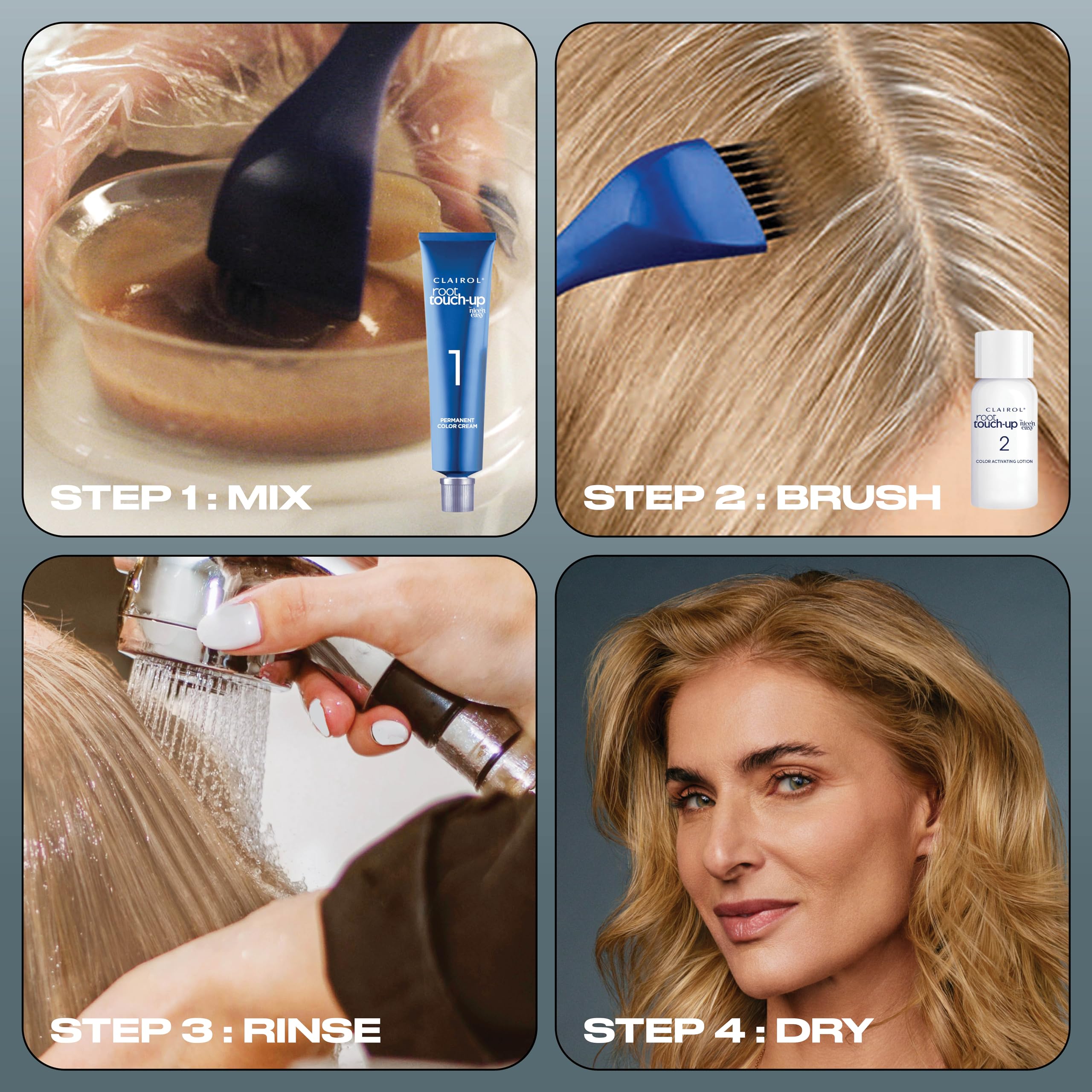 Clairol Root-to-tip even color promotes seamless, natural-looking results.