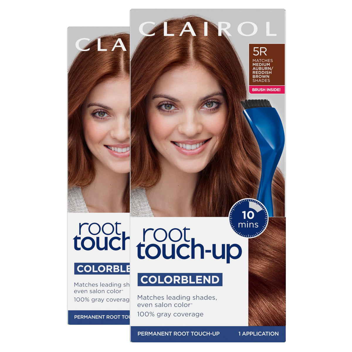 Clairol Root Touch-Up 5R bottle and brush for quick gray coverage.