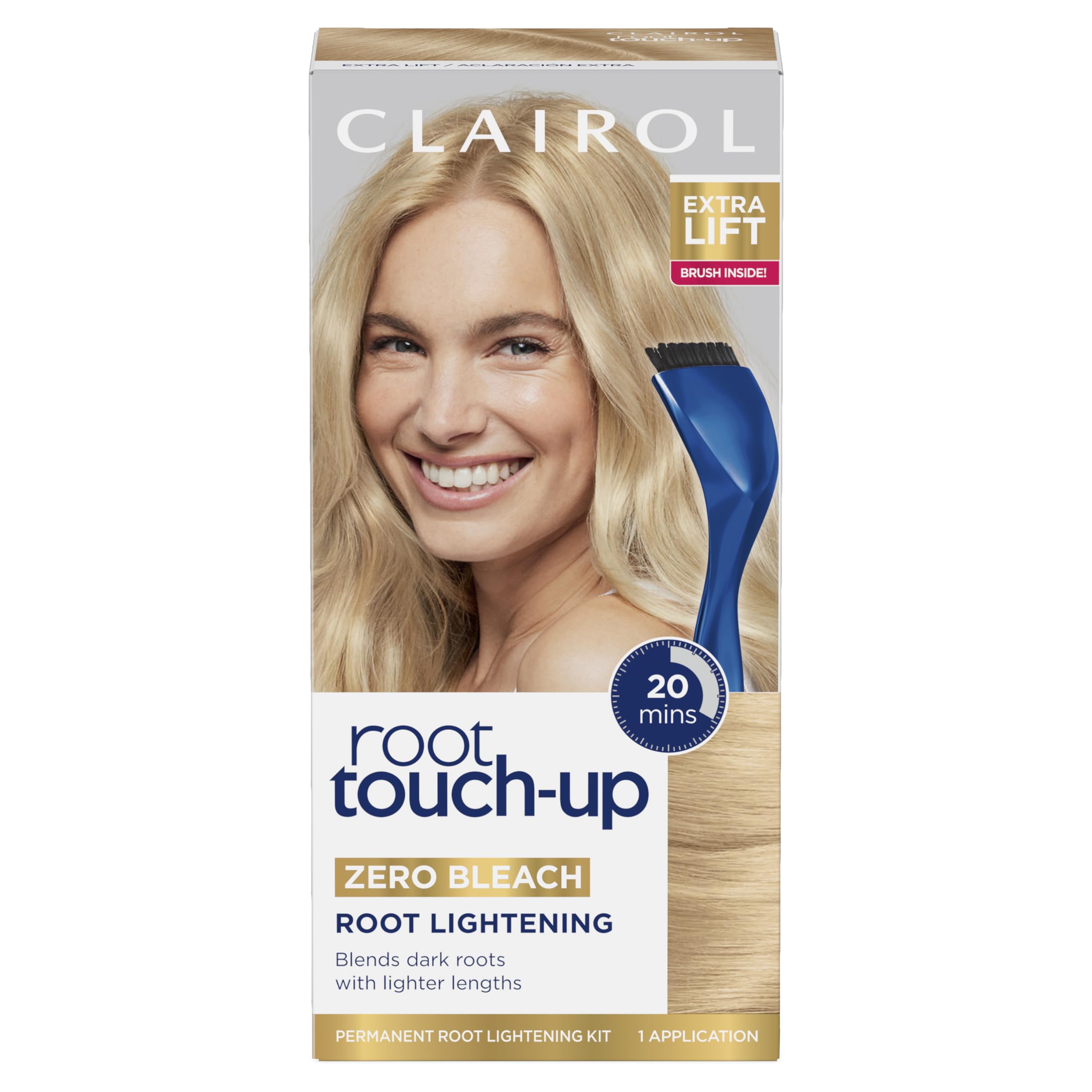 Clairol Root Touch-Up Permanent Hair Dye kit shows quick root refresh without bleaching.