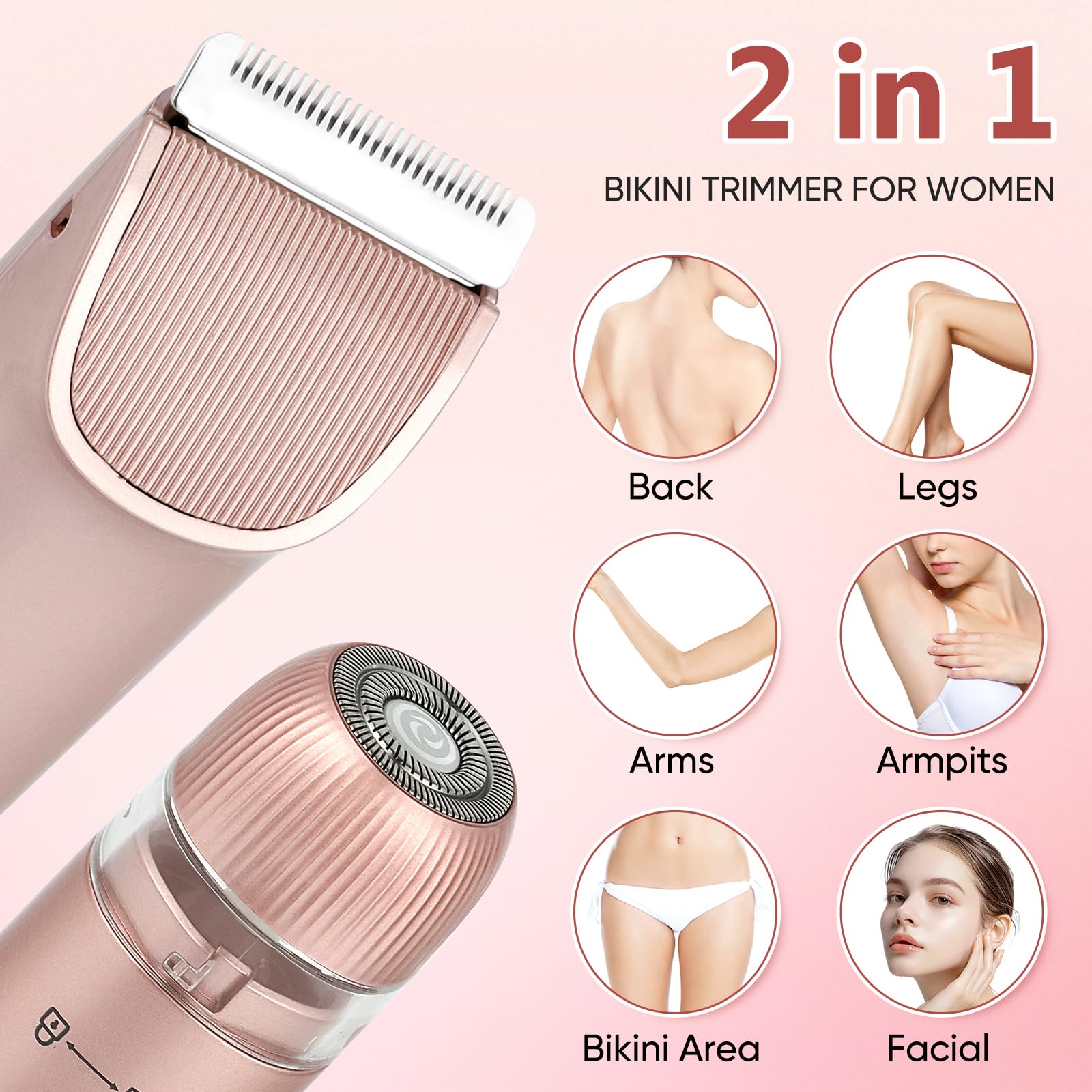 Claities bikini trimmer highlights ceramic blade for gentle shaving.