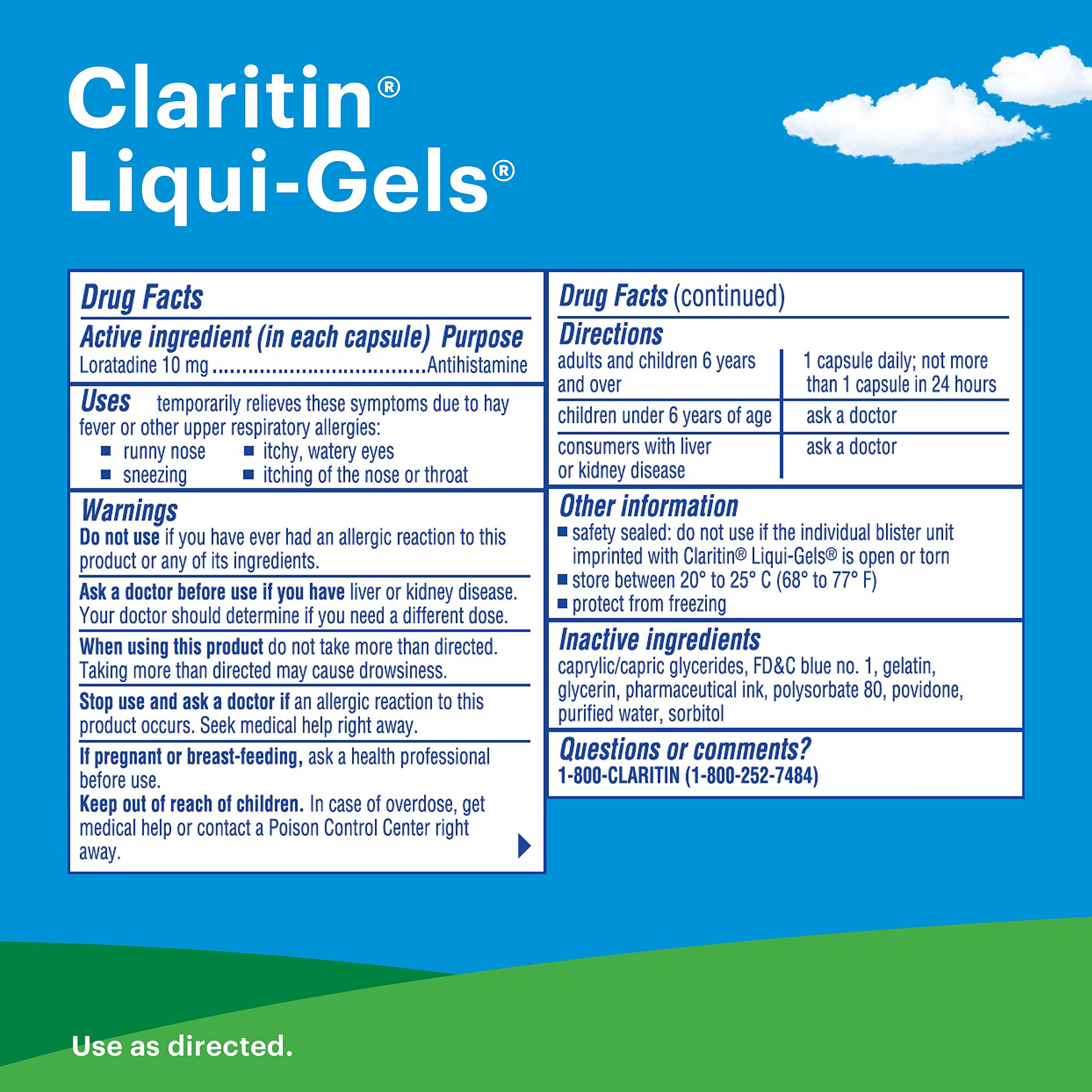 Claritin Liqui-Gels capsules closeup highlighting the smooth gel and non drowsy relief.