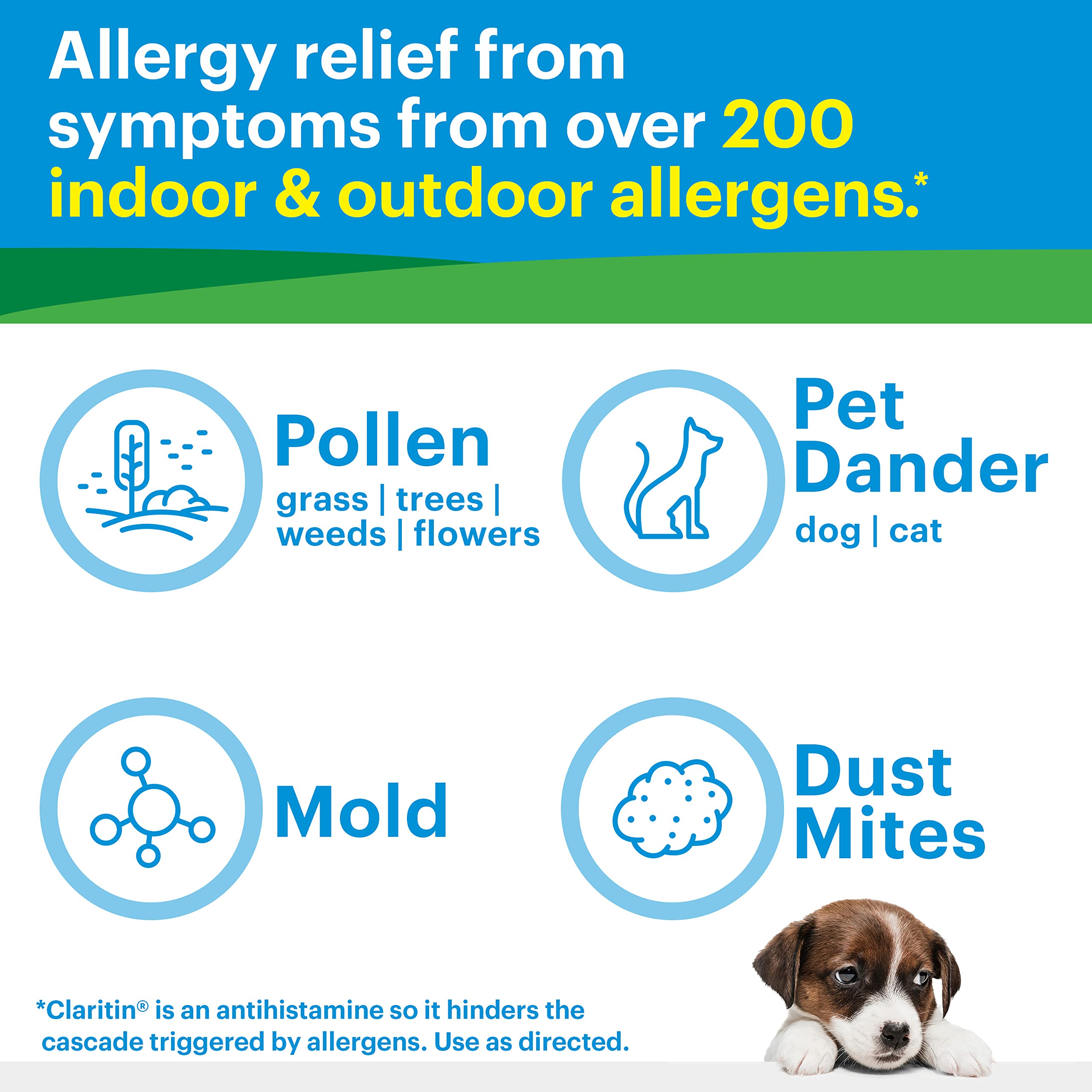 Claritin Liqui-Gels image demonstrates 24-hour relief for outdoor pollen and indoor dust.