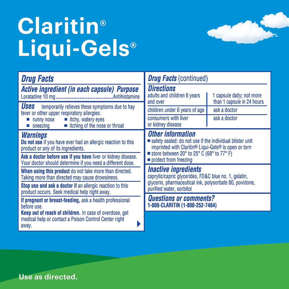 Claritin Liqui-Gels 10 mg capsule close-up highlighting fast, non-drowsy relief