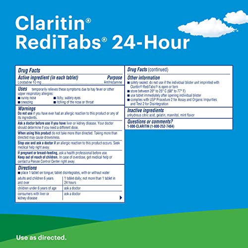 Claritin RediTabs 24-hour relief ideal for indoor and outdoor allergies.
