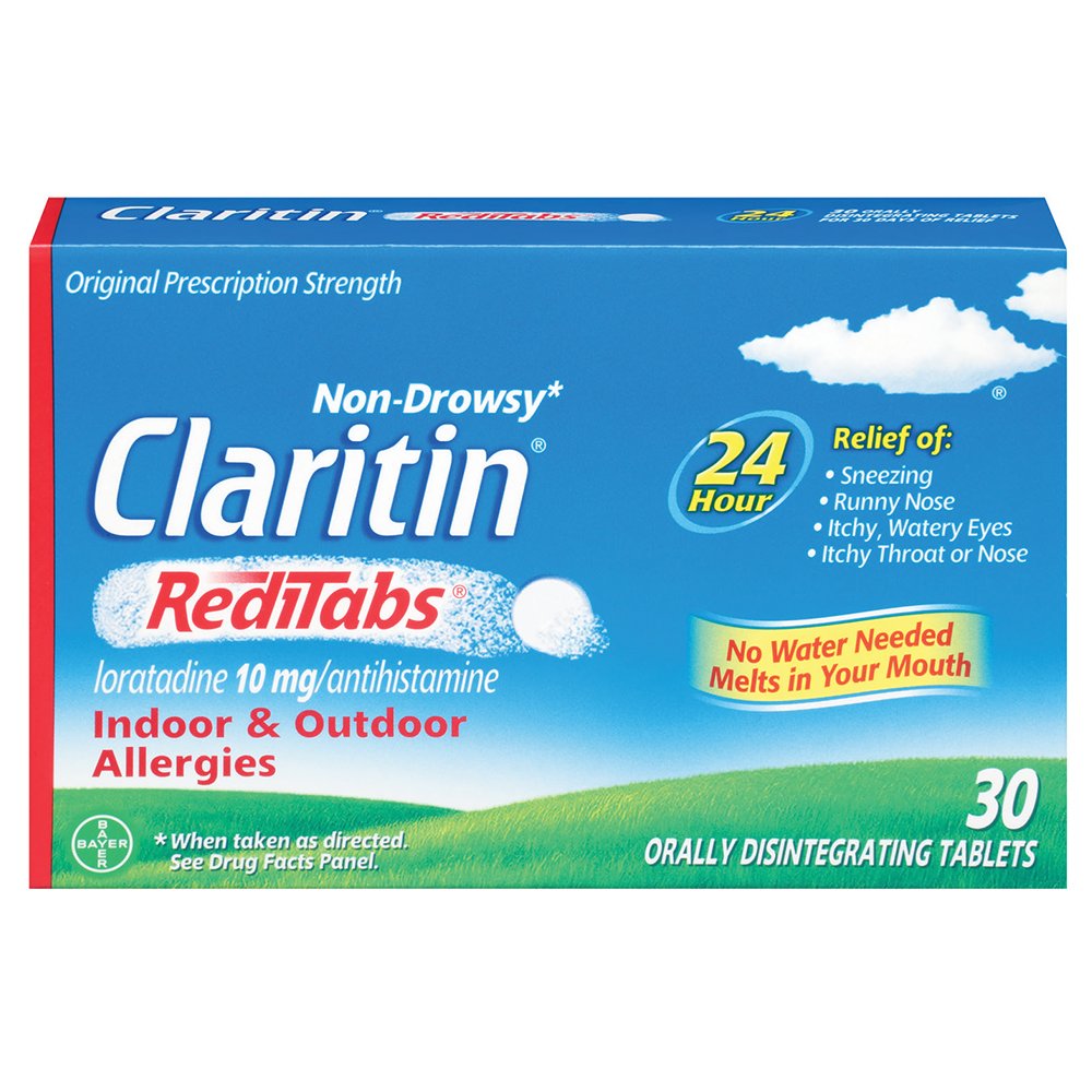 Claritin RediTabs bottle 30-count shown for easy, non-drowsy allergy relief.