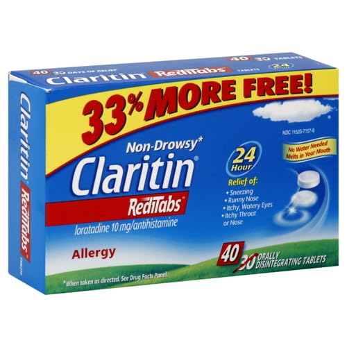Claritin RediTabs dissolving tablet in mouth for fast, water-free dosing.