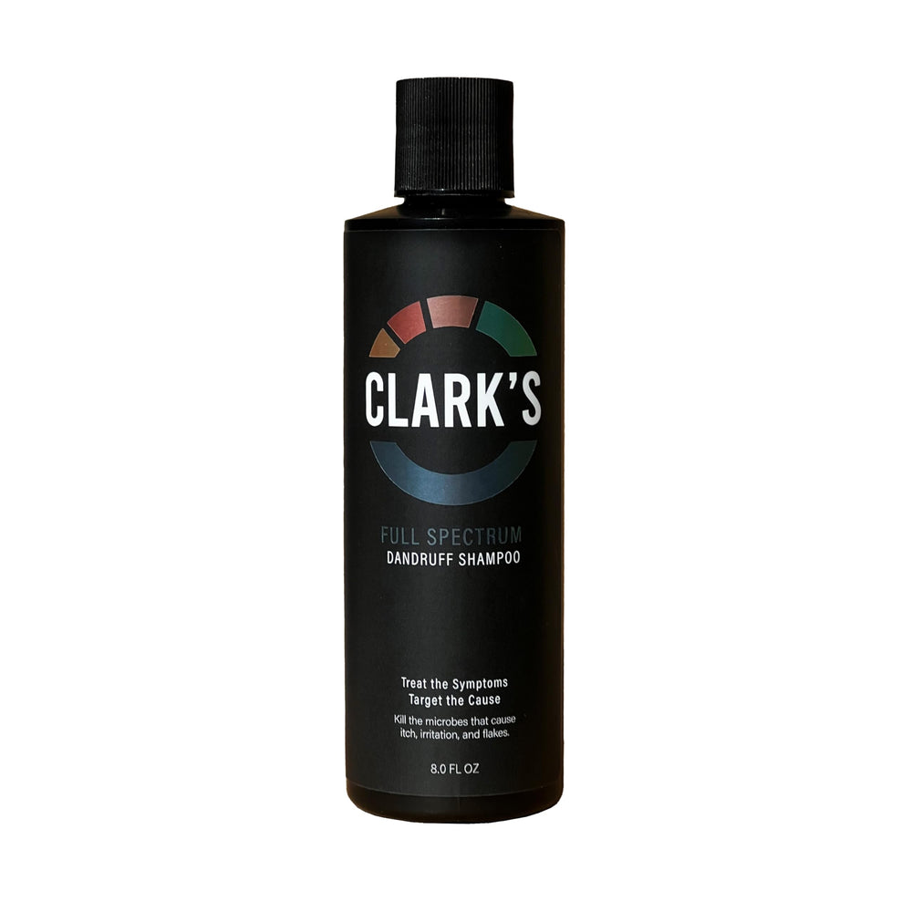 Clark's Full Spectrum Dandruff Shampoo bottle pour supports even application and scalp care.