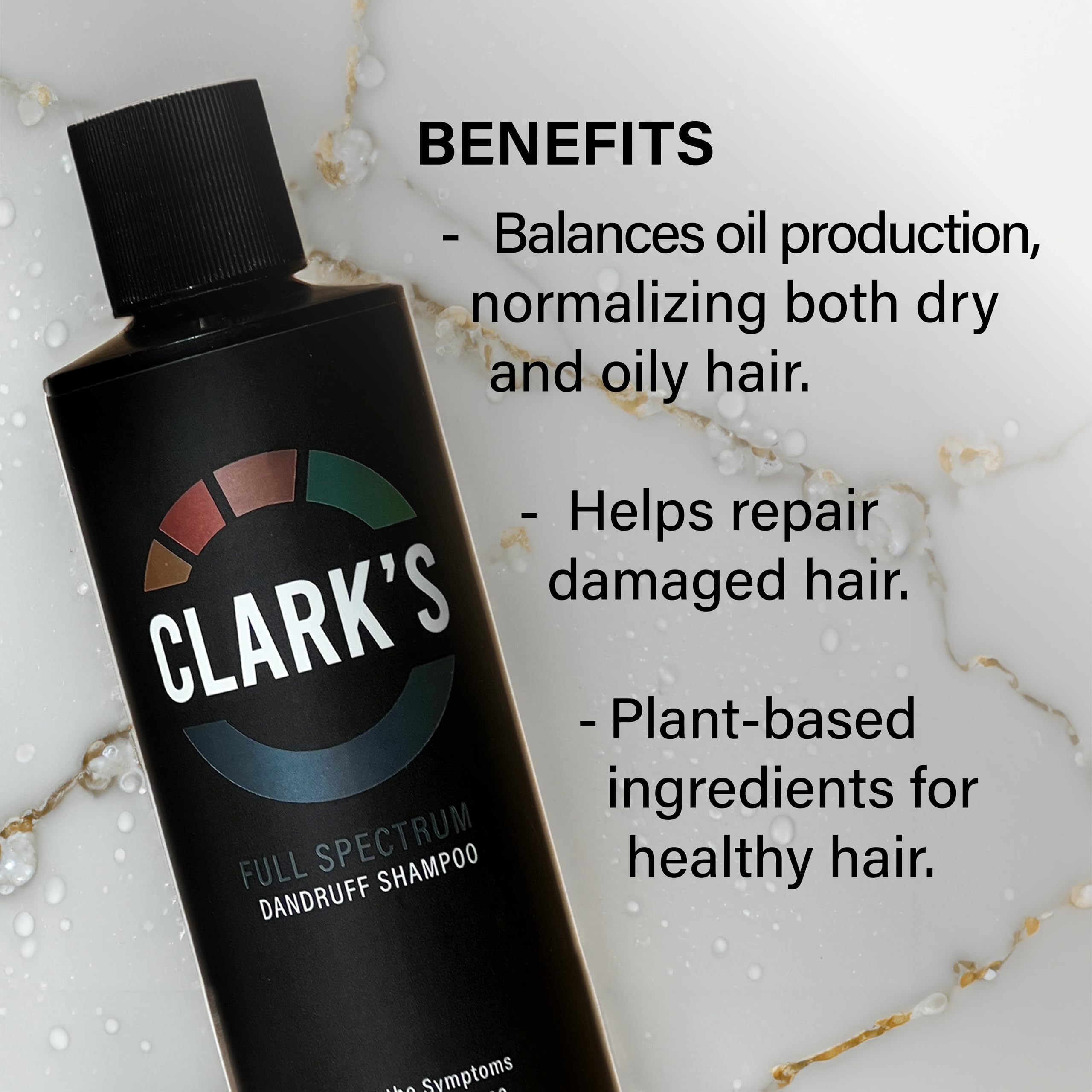 Clark's Full Spectrum Dandruff Shampoo in-shower view suggests convenient scalp care routine.