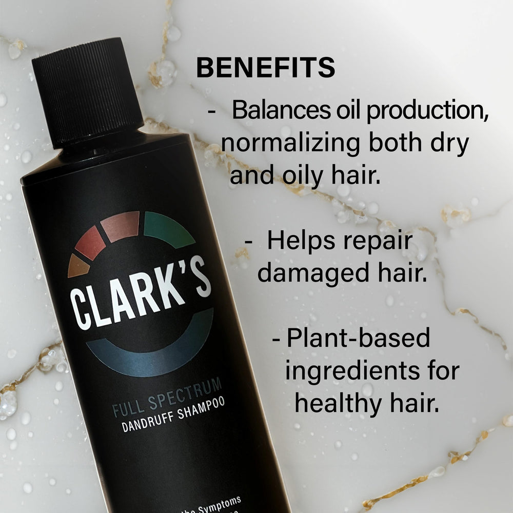 Clark's Full Spectrum Dandruff Shampoo in-shower view suggests convenient scalp care routine.